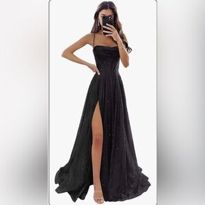 Black Sparkle Formal Gown with Corset Bodice and High Slit